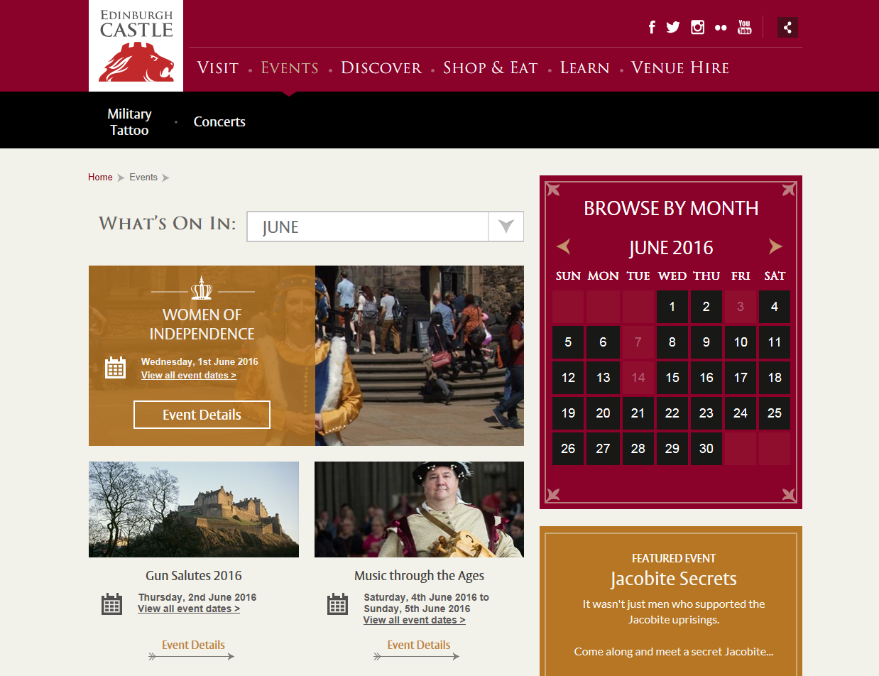 The new look Edinburgh Castle events section of the website.