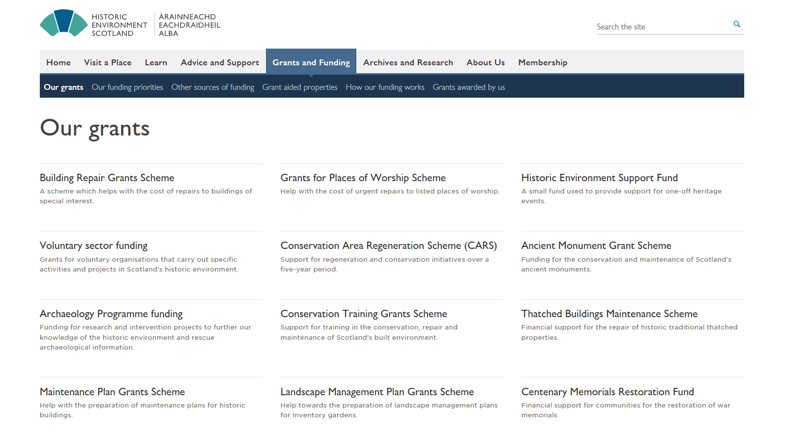 The Grants and Funding section of the HES website.