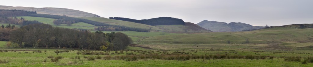 Panoramic view southeast past the Linns across the Wharry Burn to Dumyat.