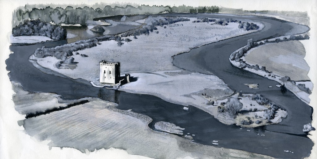 An illustration of how Threave Castle looks from the air