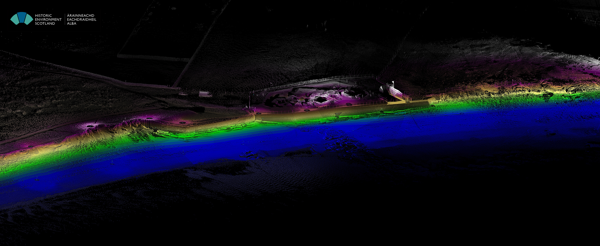View of the point cloud from the NE, coloured by elevation: blue for the lowest points and white for the highest.