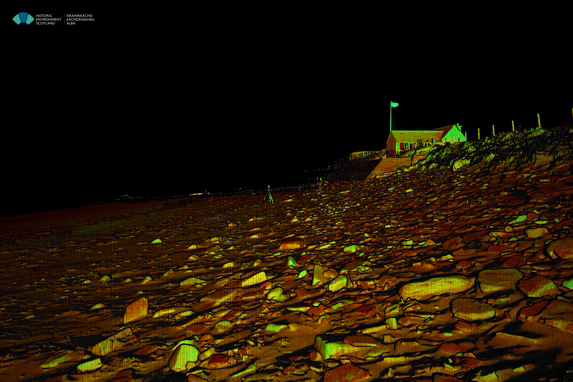 View of a single P40 scan from the beach, SW of the village. The small visitorsâ€™ hut is visible on the top right corner of the image.