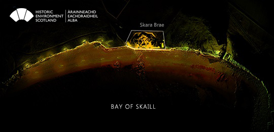 Plan view of the point cloud showing the Bay of Skaill. The outline of the Neolithic village is marked on the plan and the wall highlighted with brighter colours