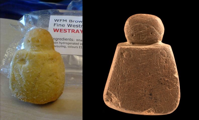 A woman-shaped biscuit next to the real Wife of Westray