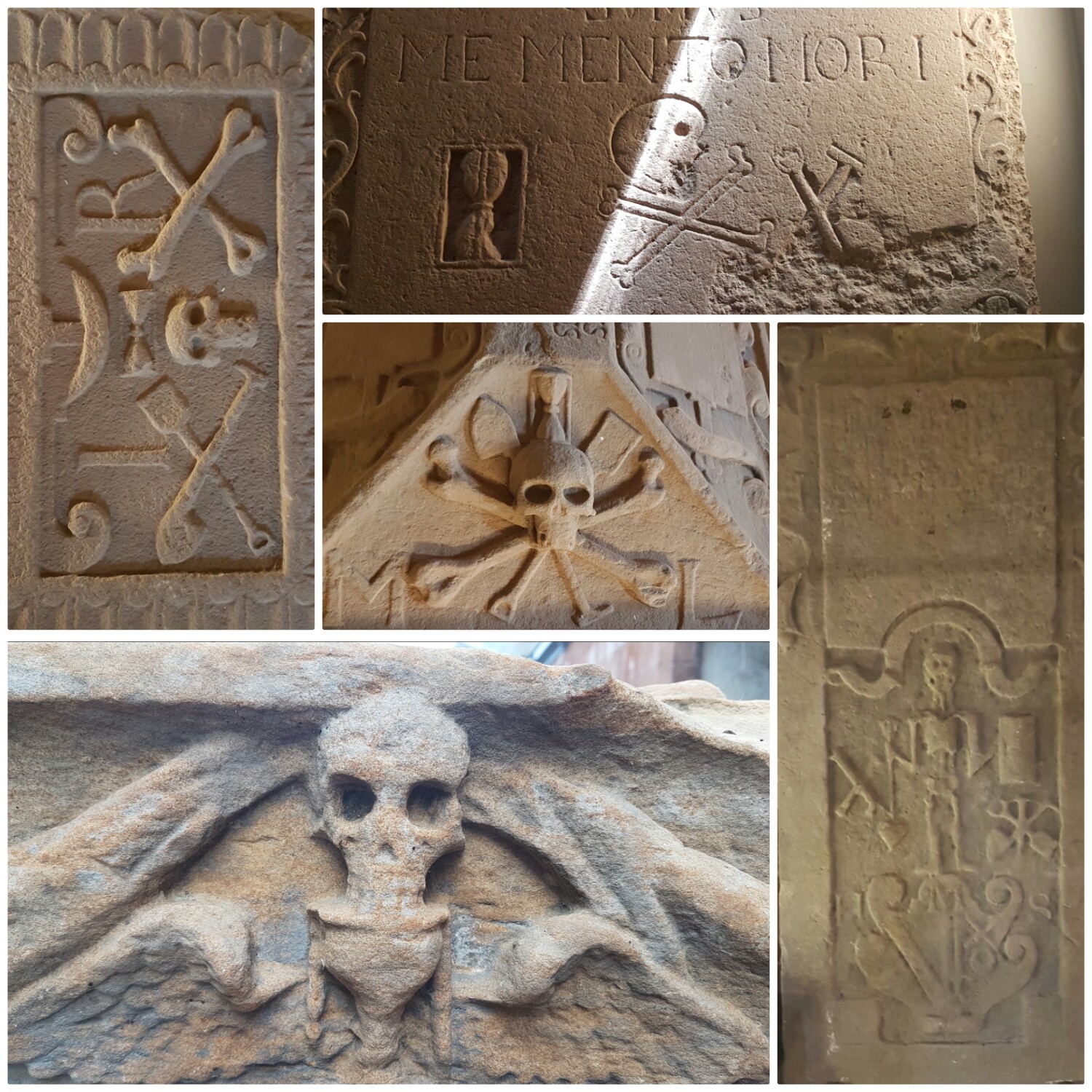 A collage of tombstones from St Andrews Cathedral, with skull and cross bones and hour glass carvings. 
