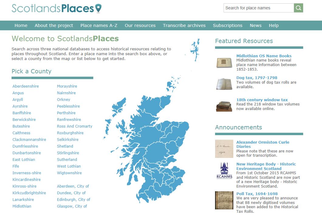 A screenshot of the ScotlandsPlaces website