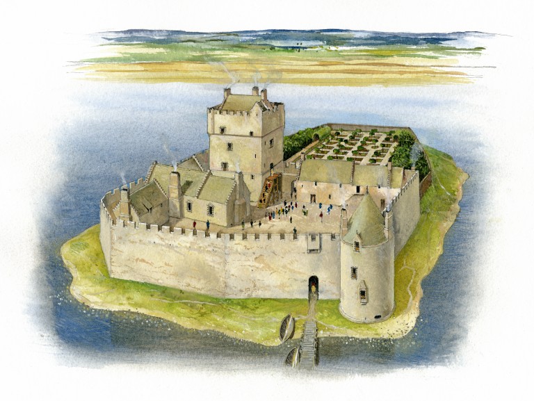 Lochleven Castle as it might have looked during Queen Mary's imprisonment in 1567-8.