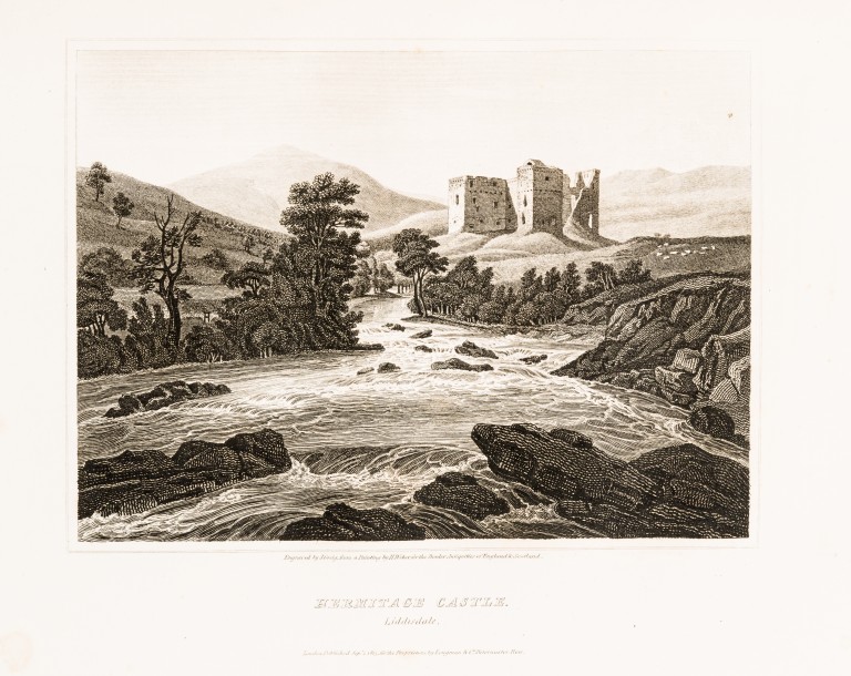 Hermitage Castle, shown in Scott’s Antiquities of the Scottish Border. This illustration depicts the castle before restoration work was undertaken by Scott’s relative, the Duke of Buccleuch, in the 1830s.