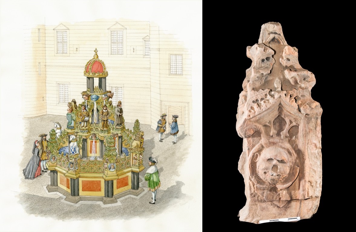 An illustration of how the Linlithgow Fountain would have looked like next to a photo of the stone column