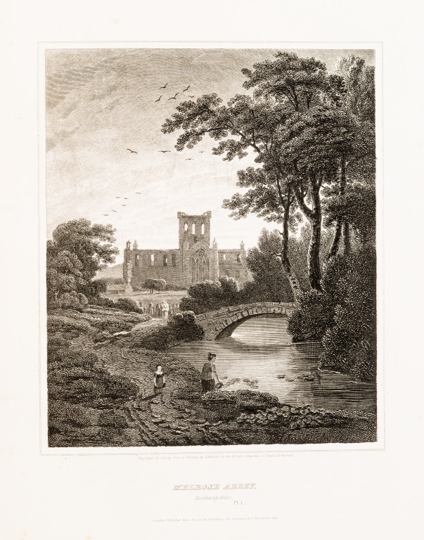 The serene ruins of Melrose Abbey, shown in Scott’s Antiquities of the Scottish Border.