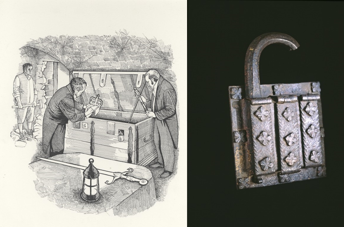 An illustration of Walter Scott recovering the crown jewels, next to a photo of the broken padlock