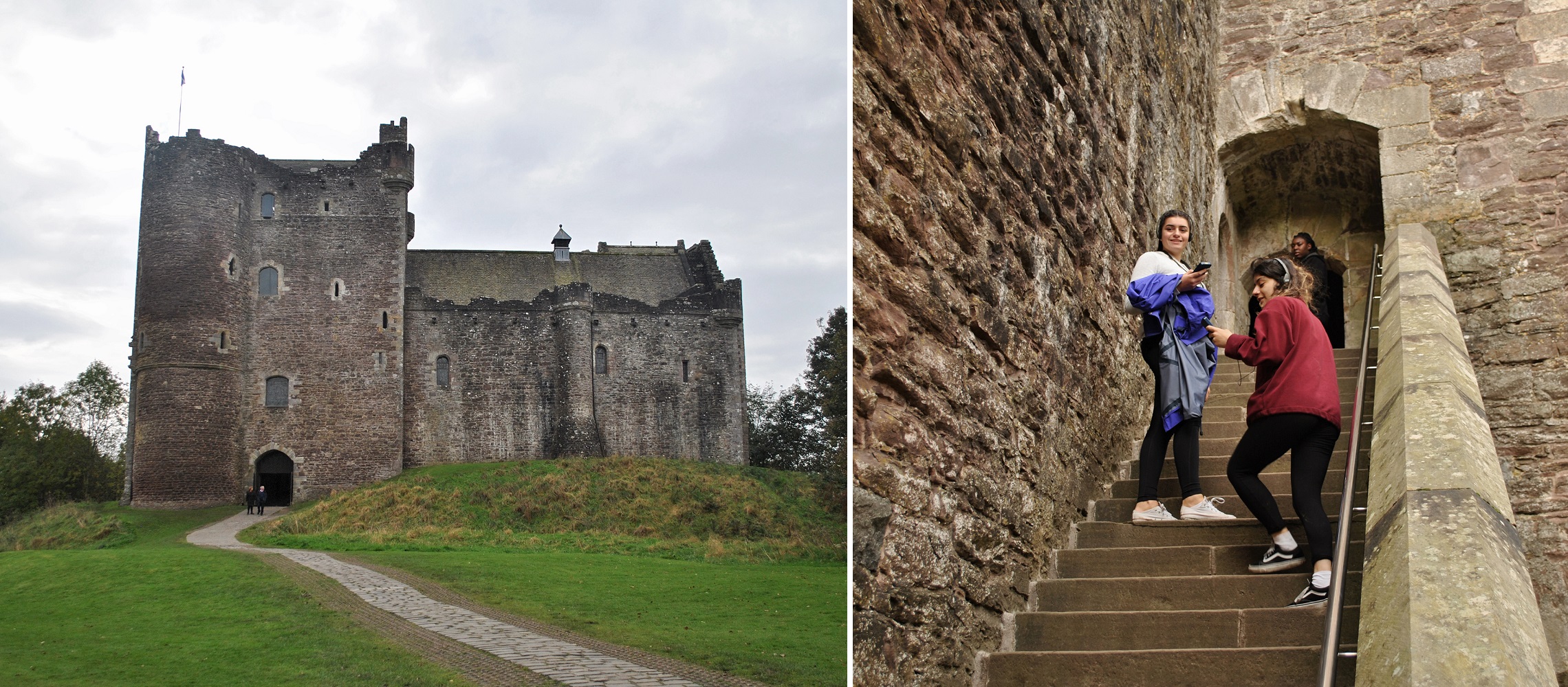 Doune Castle and young people listening to audio guides