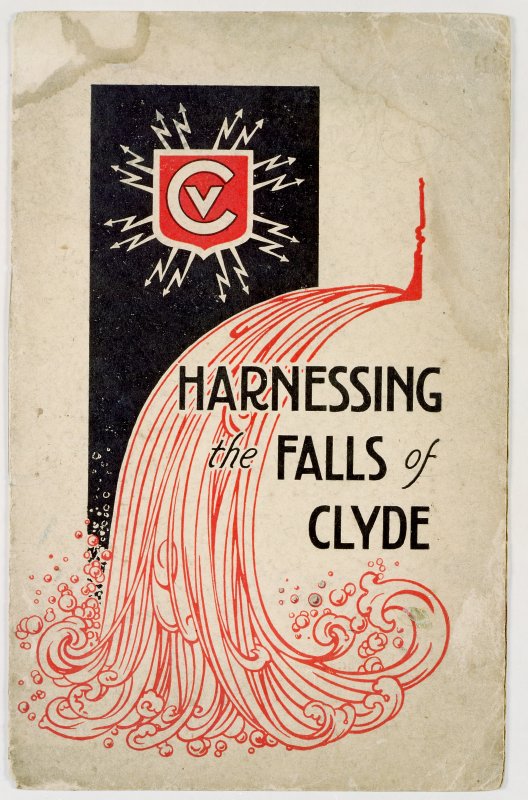 A scan of an illustrated brochure depicting a waterfall and the words "Harnessing the Falls of Clyde"
