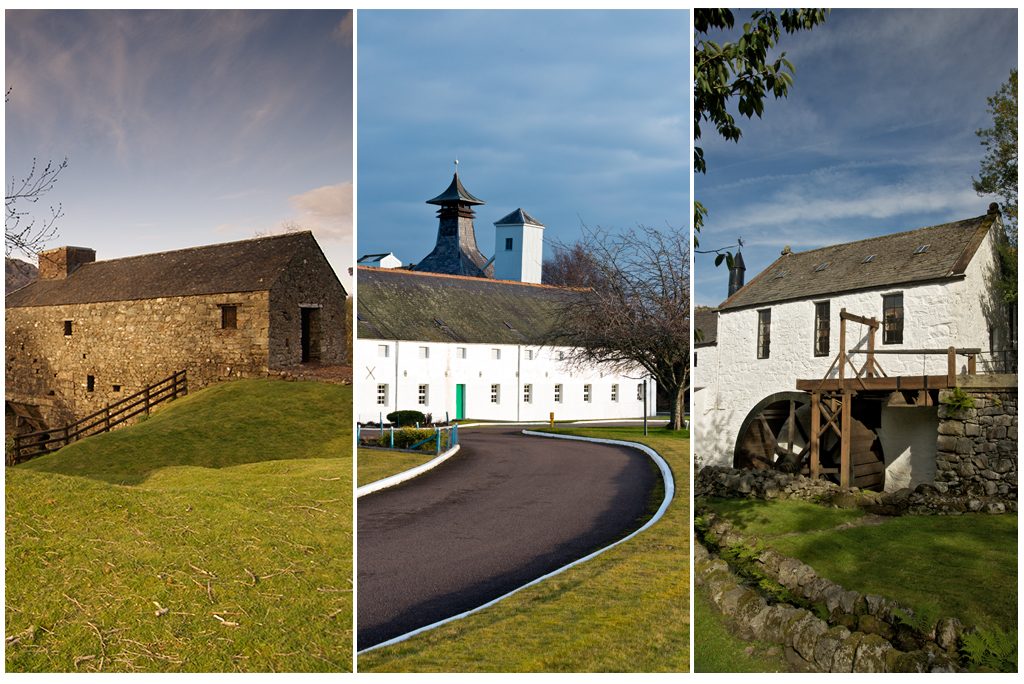 Three examples of Scotland's industrial heritage - left Bonawe Iron Furnace; middle Dallas Dhu Distillery; right New Abbey Corn Mill