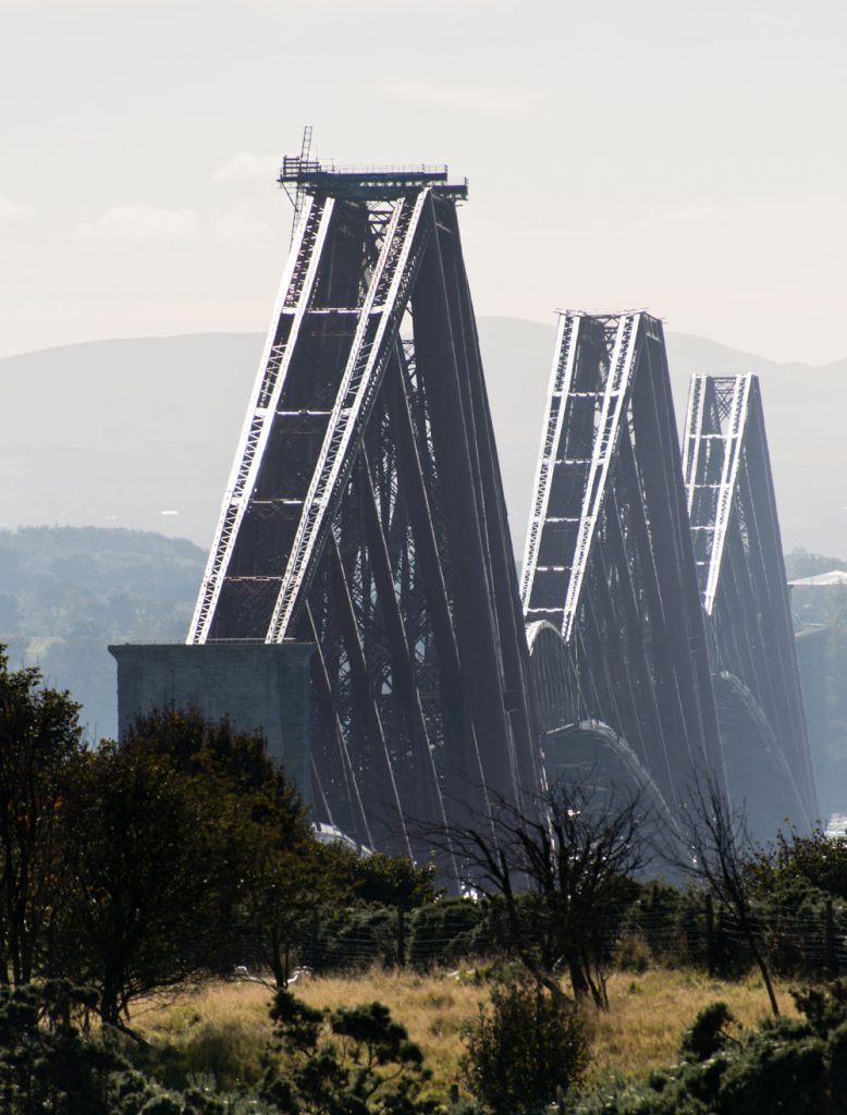 A photograph of the metal beams of the Forth Bridge.