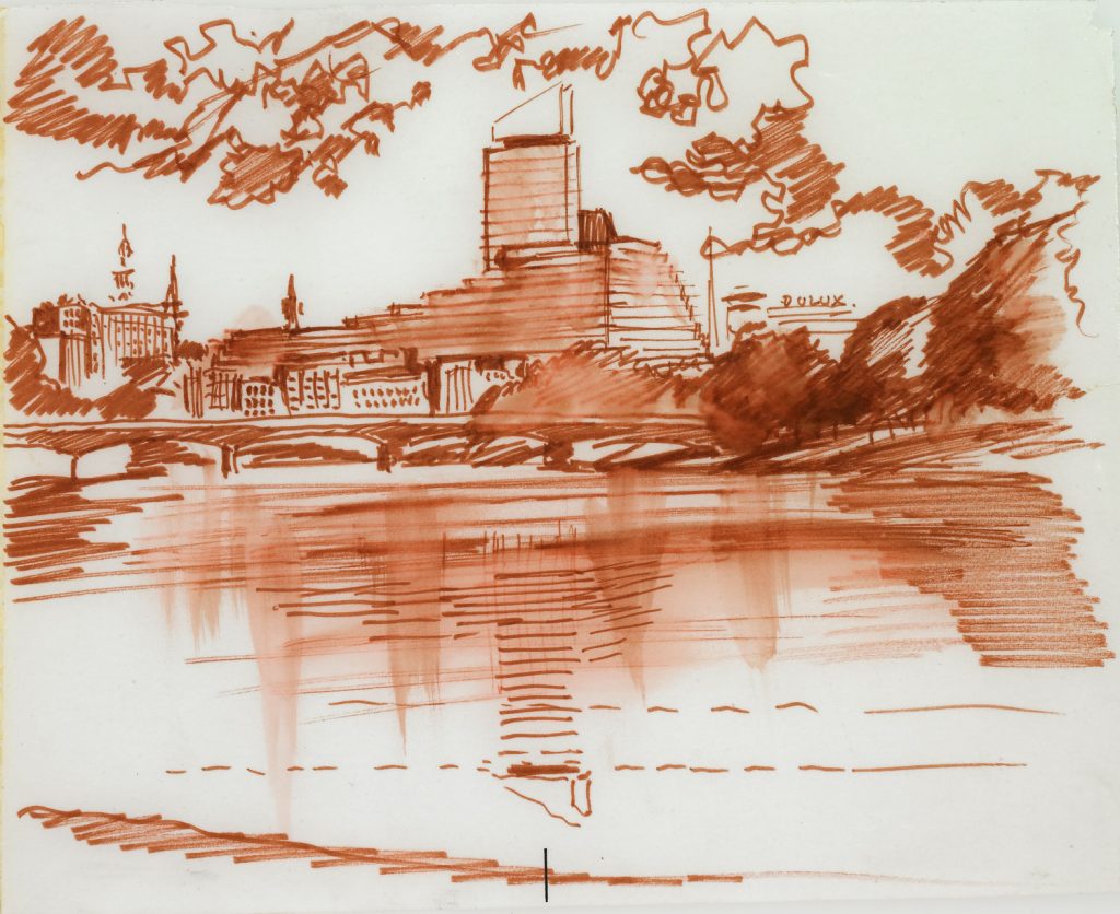 A sketch of a modern building in front of a lake