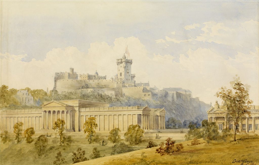 A watercolour painting of a castle high on a hill with a tower