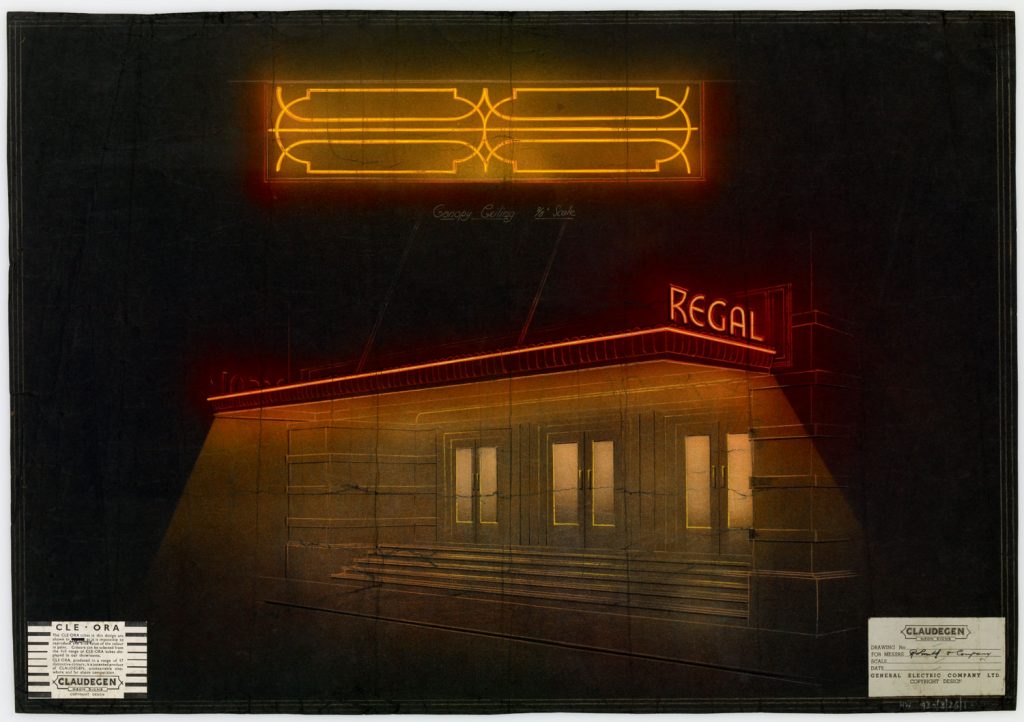 A drawing of a building on black paper with neon lights in yellow and red.