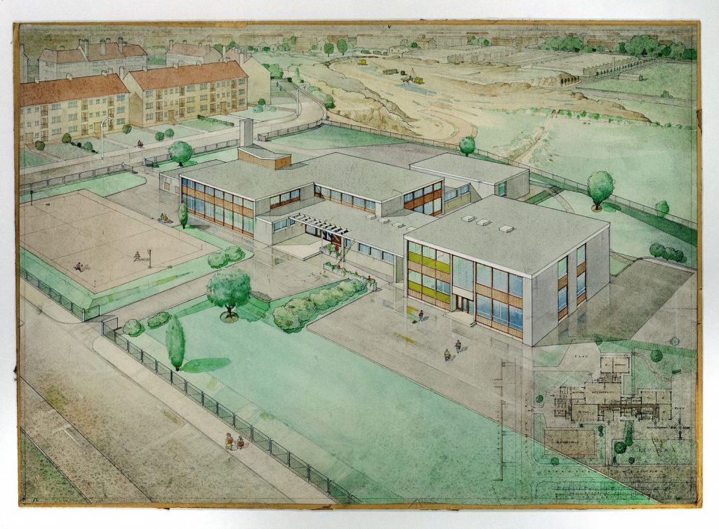 A drawing of a building with a flat roof and a large green space at the front.
