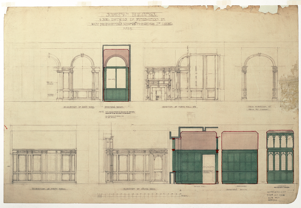 Architectural drawing by Edinburgh practice Dunn and Findlay showing sketches of wood panels, windows and doorways 