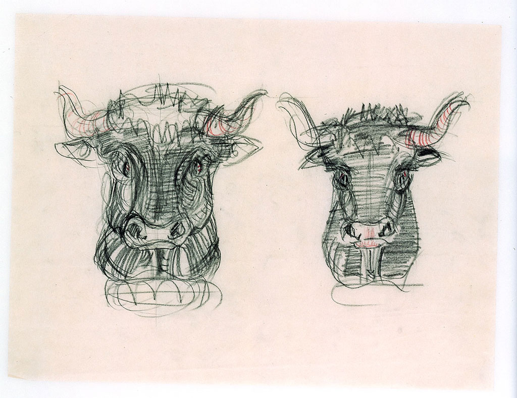 An image of an architect's sketches of two bulls