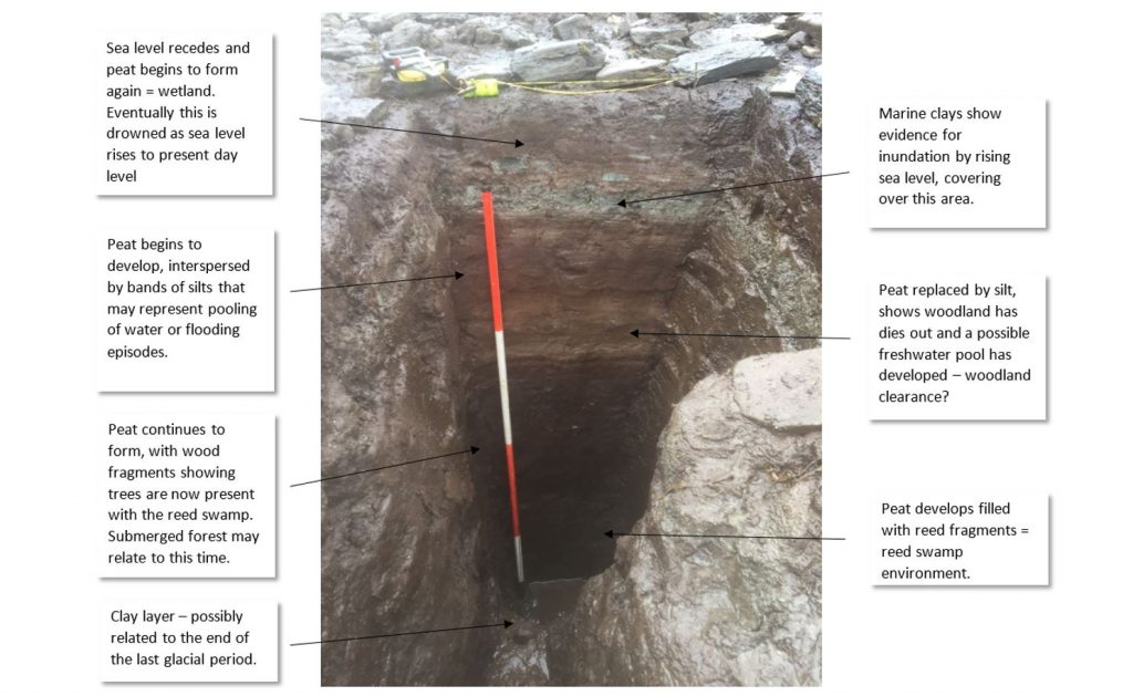 diagram with a photo of a trench in the centre surrounded by a circle of text boxes describing archaeological finds 