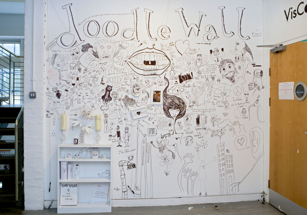 An image of a doodle wall with sketches by students
