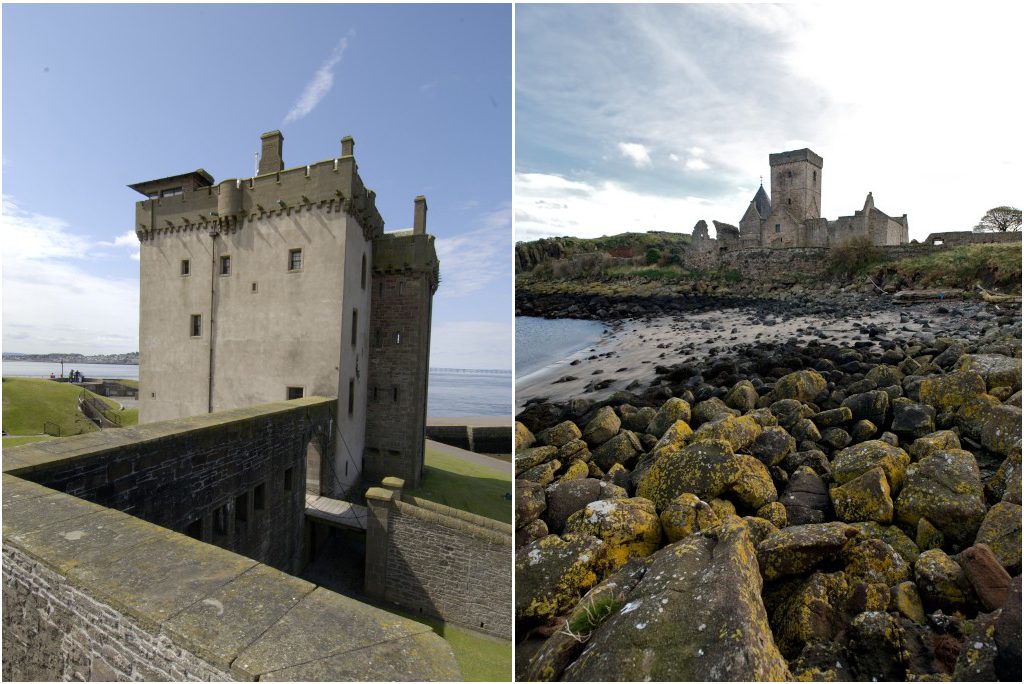 two photographs side by side - left showing a pale stone tower with crenellations and sea behind it, right showing rocky beach with abbey complex in distance