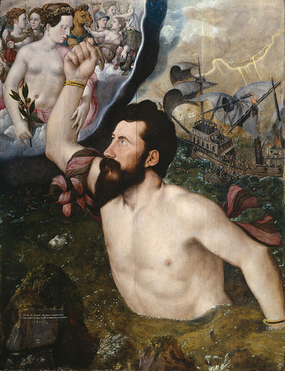 painting showing top half of a bearded man with right arm raised to the sky and a ship behind him