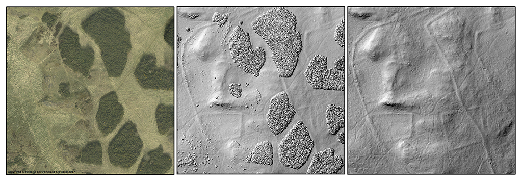 three scan images side by side, showing an aerial view of a historic fort