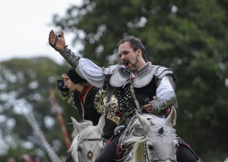 knight on horseback raises his arm and shouts at the crowd