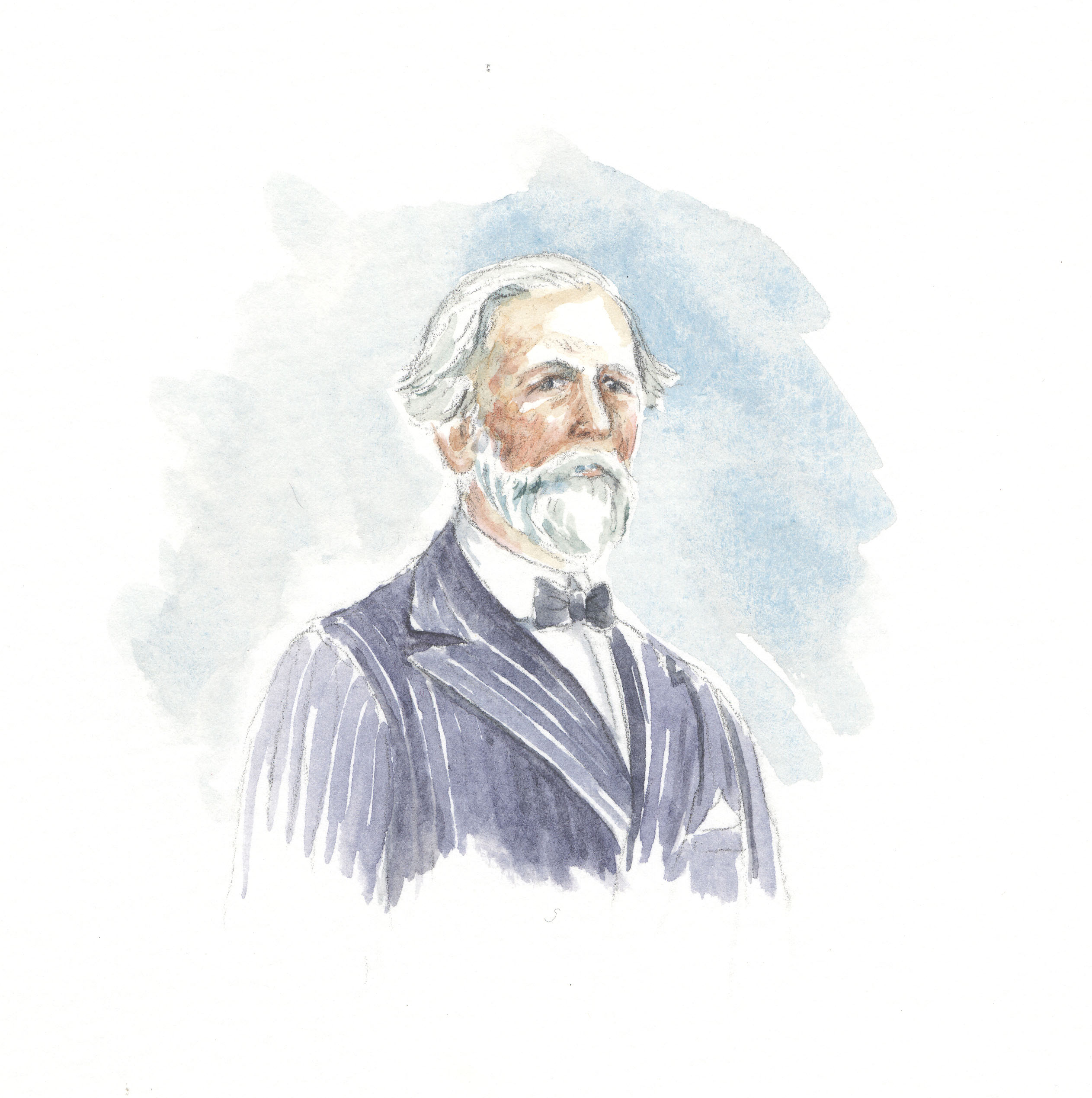 watercolour image showing head and shoulders of man with white hair and beard