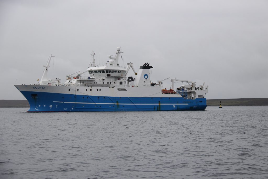 MV Scotia, one of Marine Scotland’s very capable ocean going research ships, seen here conducting a remote sensing survey as part of the Shiptime Project in Scapa Flow