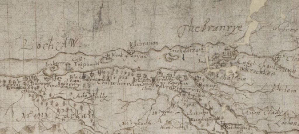 historic map showing a drawing of a long loch and rivers flowing away from it