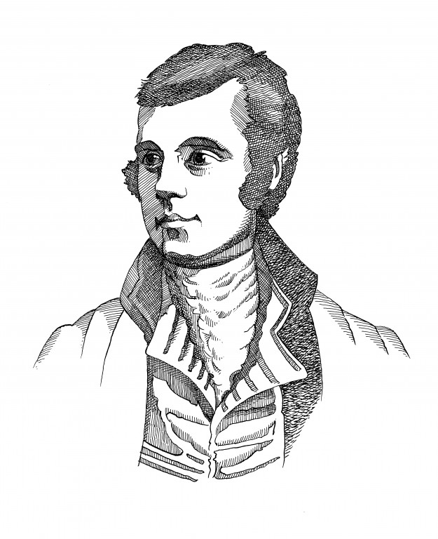black and white line drawing of head and shoulders of man in cravat