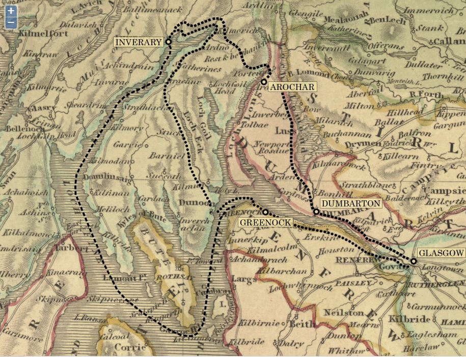 old fashioned map showing central western scotland