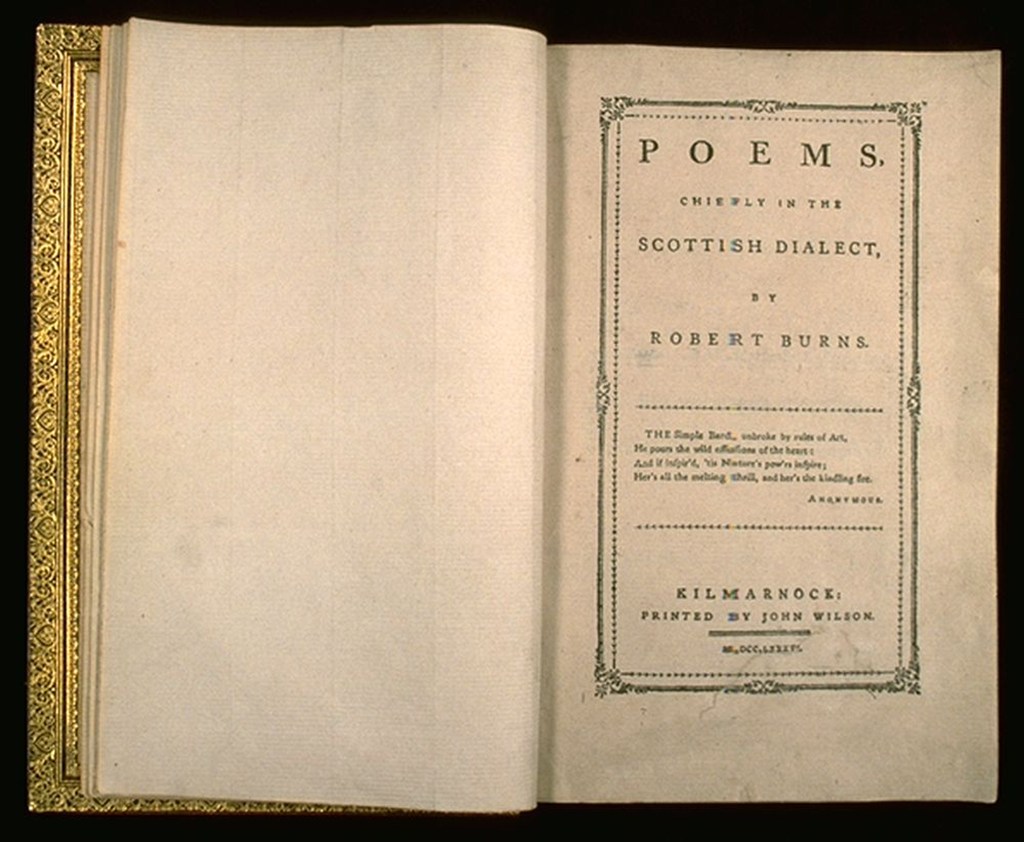 open book with cover page announcing title 'poems chiefly in the scottish dialect'