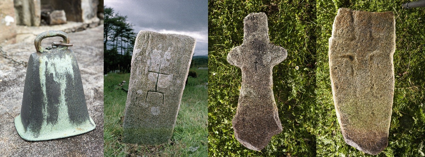 four images side by side, far left showing a bell, second from left a stone with a cross carved into it, other two stones in shape of a cross