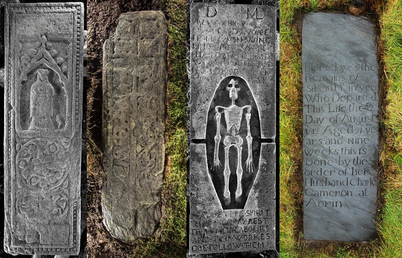 four grave slabs side by side