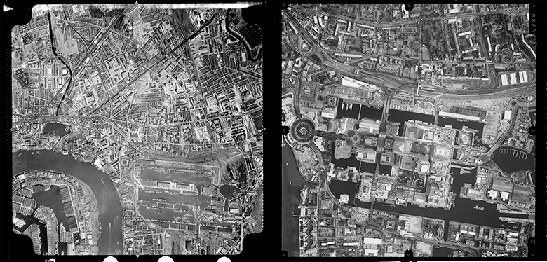 Lefthand image shows Canary Wharf in 1959 and the righthand image shows Canary Wharf in 2002.