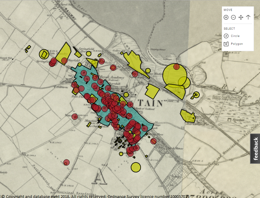 The Royal Burgh of Tain on the 1st edition OS map showing the conservation area (blue), listed buildings (red) and Local Authority records (yellow)