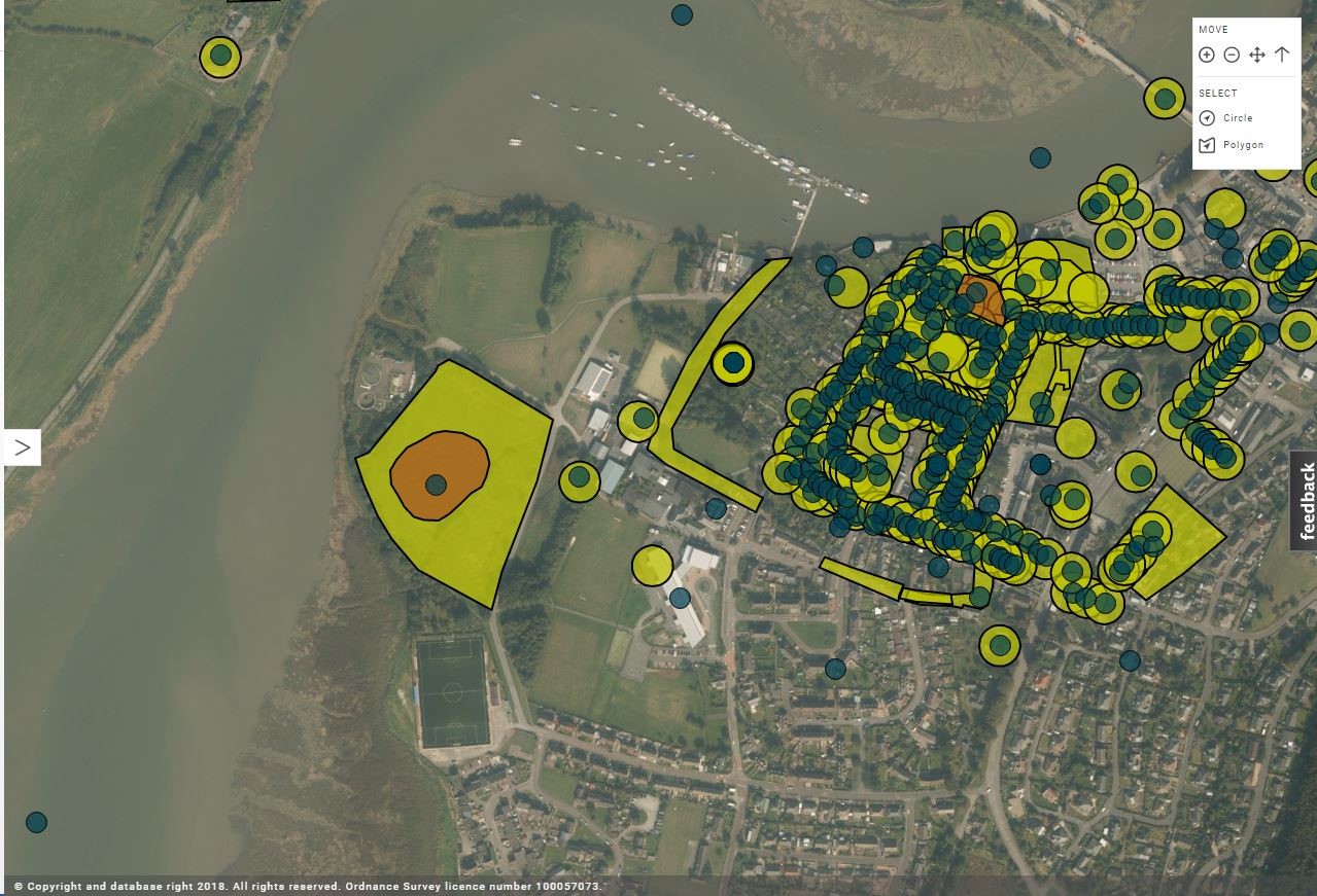 Kirkcudbright from the air, showing the town’s two castles (orange – Scheduled Monuments), Local Authority records (yellow) and Canmore records (green dots)