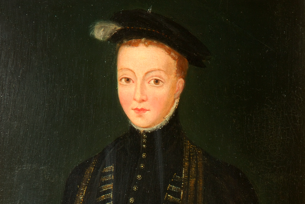painting showing head and shoulders of a young man in a black hat and coat
