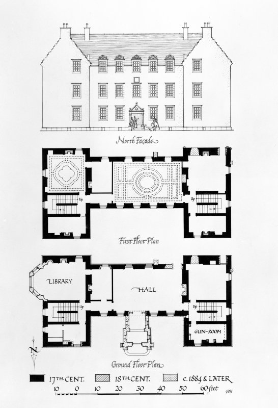 back and white drawing showing house and floor plan