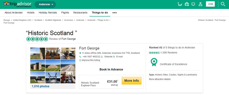 Screengrab of the Fort George reviews on Tripadvisor website