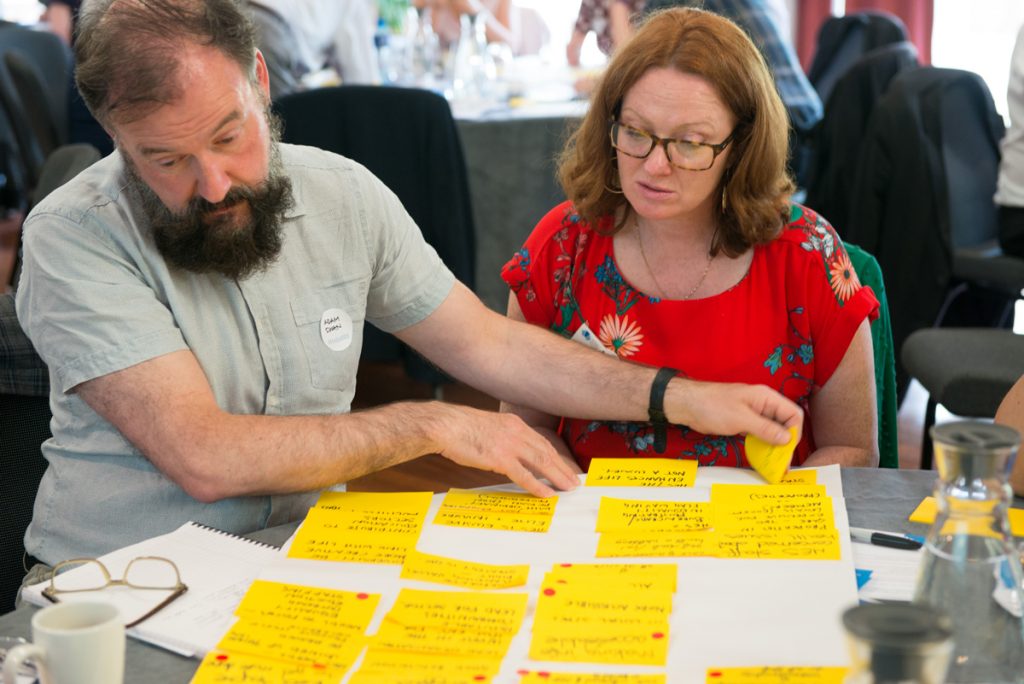 A photograph of a man with a beard and a woman wearing glasses and a red top looking at yellow post-it notes