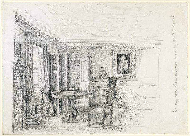 sketch showing a corner of a room with table and chair