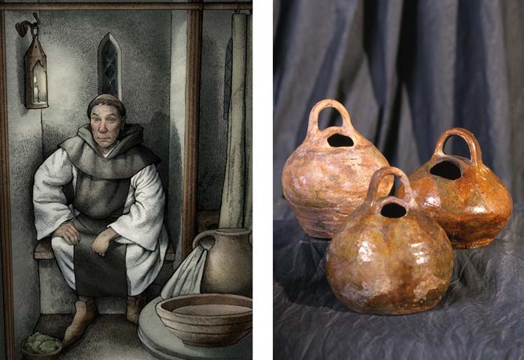 Two images: one illustration of a monk sitting on a latrine, the other a photo of urinal pots found at Melrose Abbey
