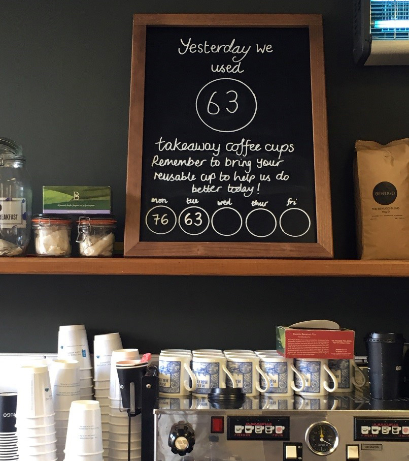 blackboard on shelf with writing about coffee cups