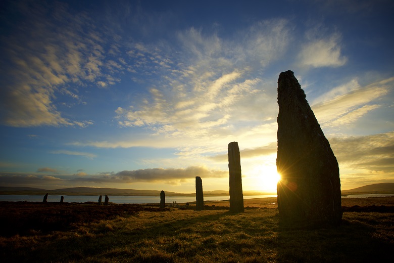 View of a sunset at the Ring of Brodgar standing stone circle